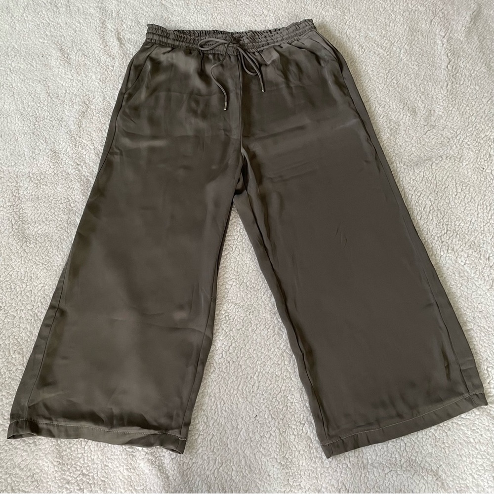 Elie Tahari Olive Satin Wide Leg Drawstring Pants w/Side Pockets Size L